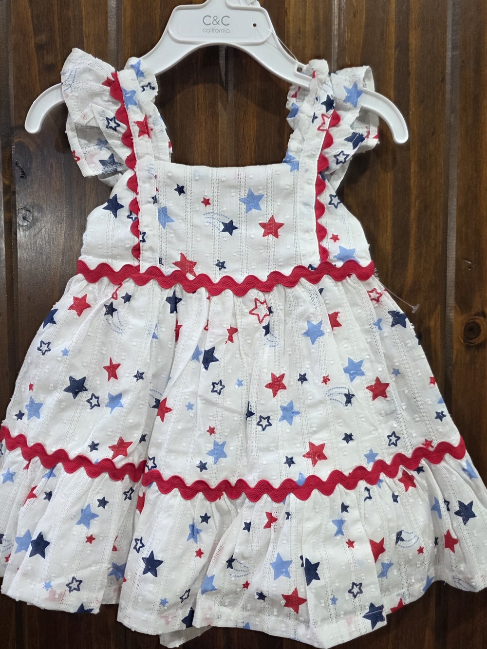 Girls White Star-Print Tiered Dress with Red Trim